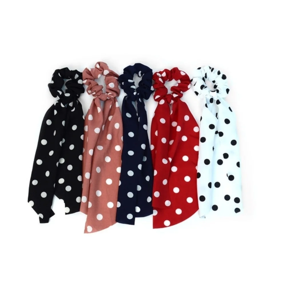 Navy Polka Dot Hair Scarf 6 Ribbon Hair Tie Bundle